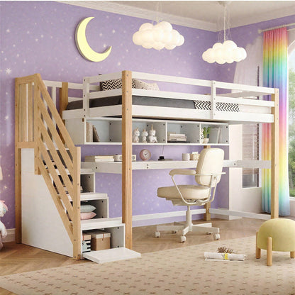 Kinderhochbett [old sku30606012AAN]Kinderbett mit großen Schreibtisch und Regalen, Farben,natürlich und weiß