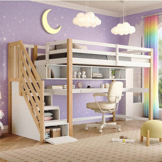 Kinderhochbett [old sku30606012AAN]Kinderbett mit großen Schreibtisch und Regalen, Farben,natürlich und weiß
