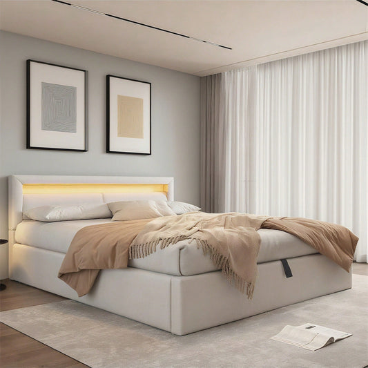 Polsterbett, LED-Bett, 140*200cm, mit Lattenrost und Stauraum, ohne Matratze, mit beleuchtetem Kopfteil in diversen Farben, Weiß,Kopfteil & Kunstleder