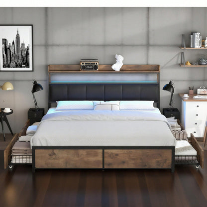 Polsterbett 140*200 mit Lattenrost, Kopfteil und 4 Schubladen – LED-Bett, Jugendbett für Erwachsene & Jugendliche, Aufbewahrungsfunktion, einfache Montage, PU, schwarz