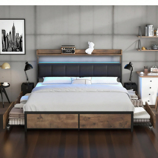 Polsterbett 140*200 mit Lattenrost, Kopfteil und 4 Schubladen – LED-Bett, Jugendbett für Erwachsene & Jugendliche, Aufbewahrungsfunktion, einfache Montage, PU, schwarz