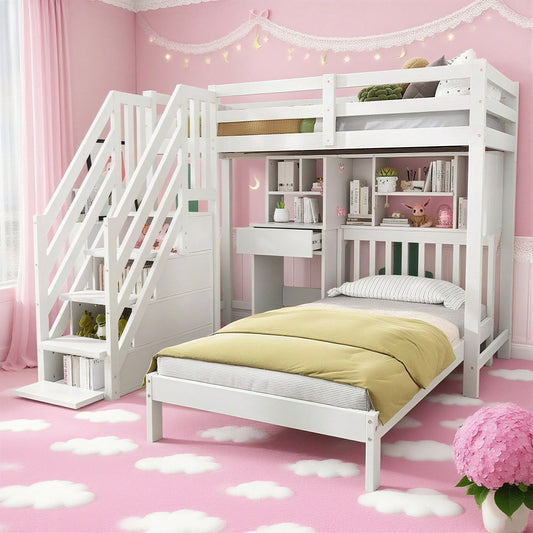 Etagenbett, Doppelbett, multifunktionales Kinderbett, Stauraumfunktion, mit Schreibtisch und Regale, mit Lattenrost, weiß, 90*200