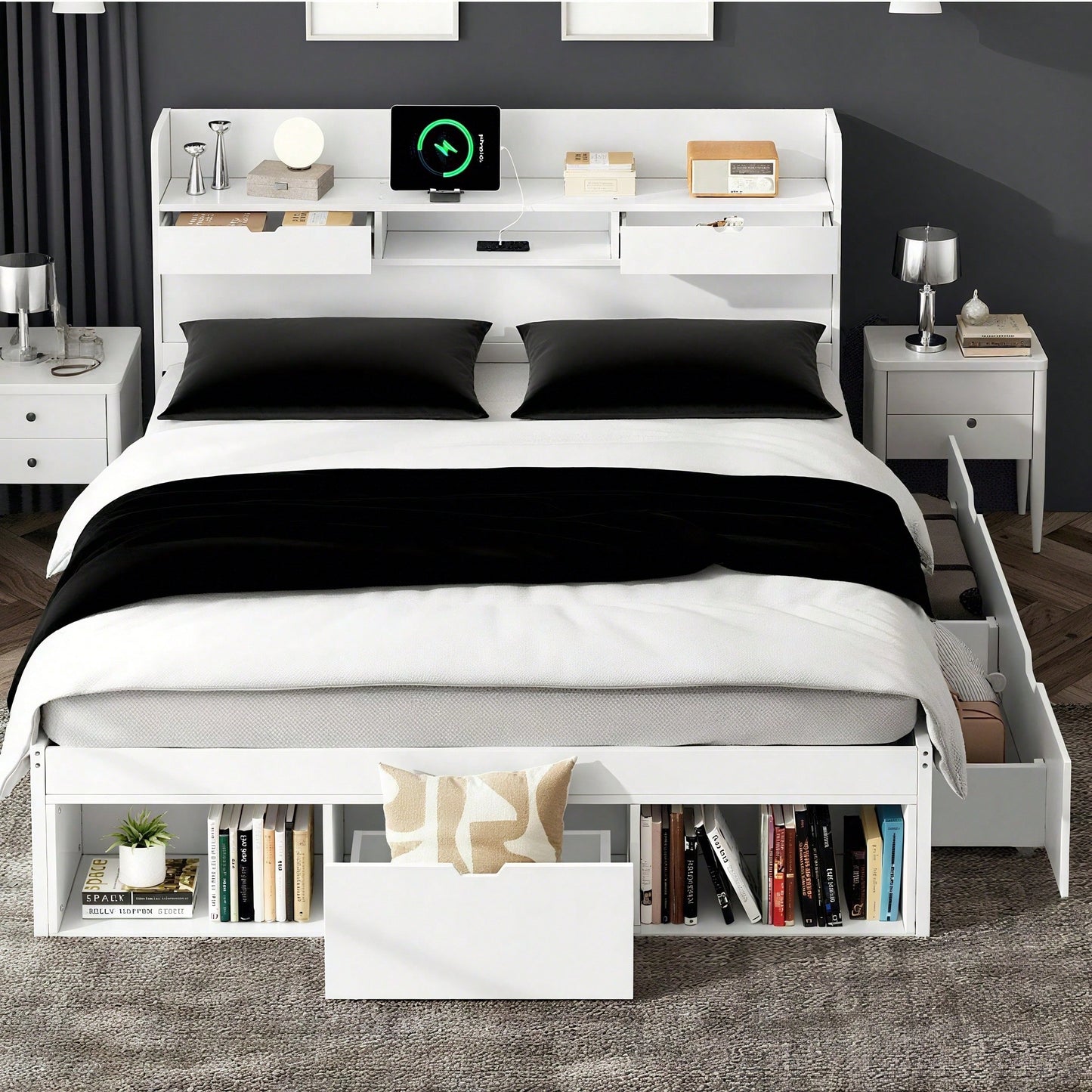 Doppelbett, 140*200cm, Mit USB-port & Schubladen & Stauschrank, Kinderbett, Jugendbett, Multifunktionales Bett, Großer Stauraum, ohne Matratze, weiß