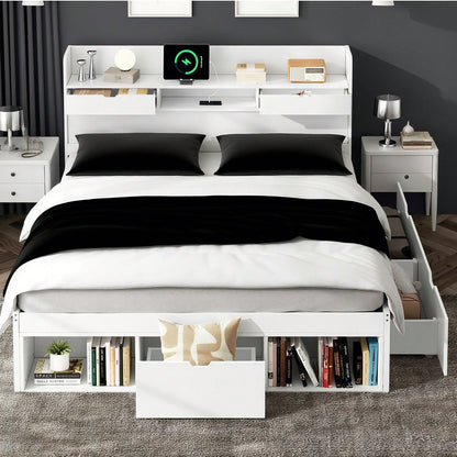 Doppelbett, 140*200cm, Mit USB-port & Schubladen & Stauschrank, Kinderbett, Jugendbett, Multifunktionales Bett, Großer Stauraum, ohne Matratze, weiß
