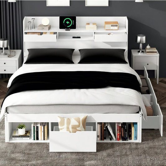Doppelbett, 140*200cm, Mit USB-port & Schubladen & Stauschrank, Kinderbett, Jugendbett, Multifunktionales Bett, Großer Stauraum, ohne Matratze, weiß