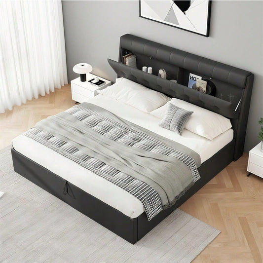 Lit rembourré de style, 140x190, lit hydraulique, Rangement caché au chevet, rangement pour le coffre de lit, PU, avec sommier à lattes et avec tête de lit, sans matelas, noir