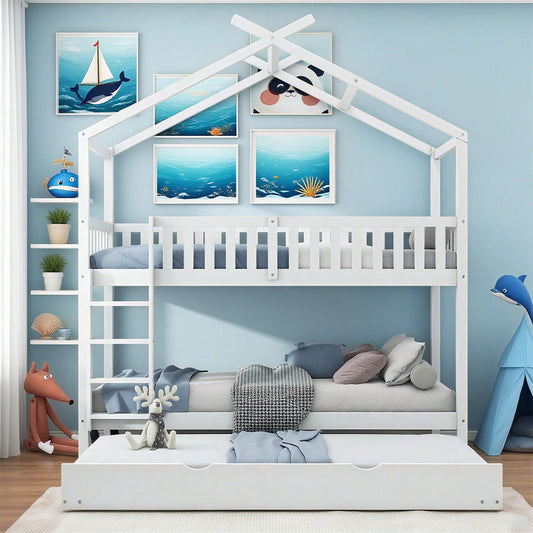 Hausbett Kinderbett Jugendbett, 90x200 cm, drei Betten,Ausziehbar, Platzsparendes Design, Weiß