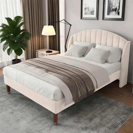 Polsterbett 160*200 mit Lattenrost und Kopfteil, Jugendbett, für Erwachsene & Jugendliche, , ohne Matratze, Holzlattenunterstützung, Einfache Montage, Samt, beige