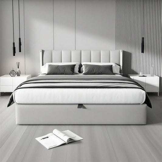 Binaurales LED-Polsterbett 180 x 200 cm, hydraulisches Bett, wiederaufladbarer USB-Anschluss im Bett, mit LED-Beleuchtung, mit Stauraum, verstellbares Kopfteil, PU, grau