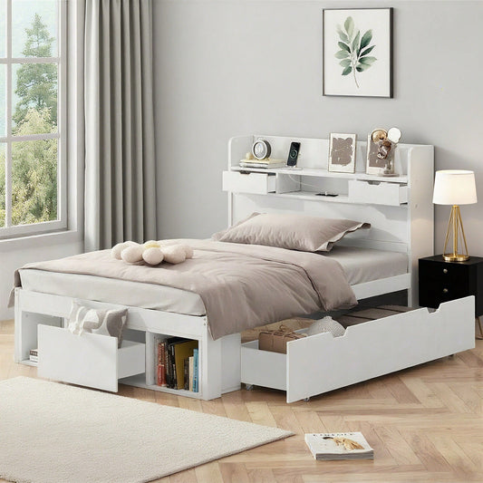 Einzelbett, 90*200cm, Mit USB-port & Schubladen & Stauschrank, Kinderbett, Jugendbett, Multifunktionales Bett, Großer Stauraum, ohne Matratze, weiß