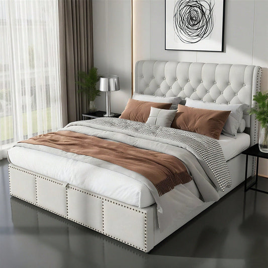 Baumwolle-Leinen Polsterbett, mit Hydraulikhebel, Aufbewahrung von Bettkästen, Nietenverzierung, 140 x 190 cm, ohne Matratze