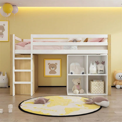 Kinderhochbett, multifunktionales Kinderbett, einzelnes Kinderbett, mit 2 Aufbewahrungsschrank und Leiter, ohne Matratze, 90 x 200 cm, Natur + Weiß