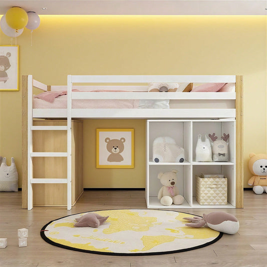 Kinderhochbett, multifunktionales Kinderbett, einzelnes Kinderbett, mit 2 Aufbewahrungsschrank und Leiter, ohne Matratze, 90 x 200 cm, Natur + Weiß
