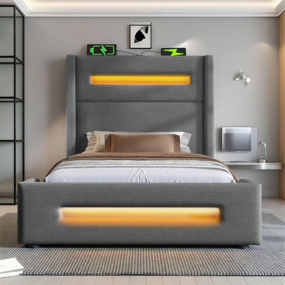 Graues Polsterbett 90x200 cm mit LED & USB-C – Jugendbett mit hydraulischem Stauraum, Metallrahmen & inkl. Matratze (Leinenbezug)