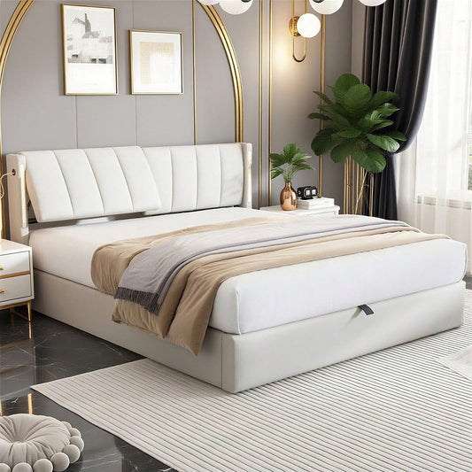 Binaurales LED-Polsterbett 180 x 200 cm, hydraulisches Bett, wiederaufladbarer USB-Anschluss im Bett, mit LED-Beleuchtung, mit Stauraum, verstellbares Kopfteil, PU-Kieselstein, weiß