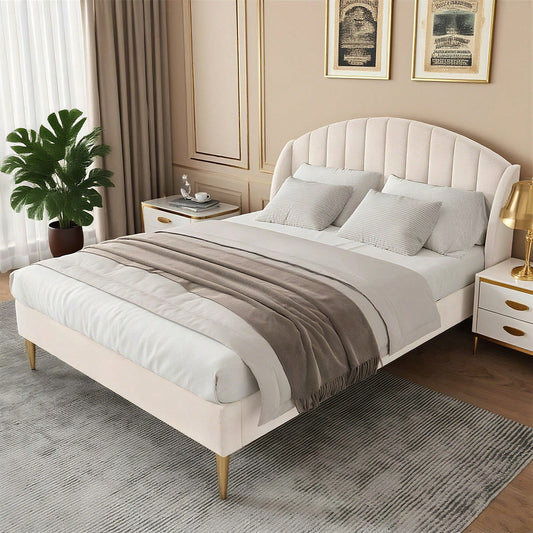 Polsterbett 140*200 mit Lattenrost und Kopfteil, Jugendbett, für Erwachsene & Jugendliche, ohne Matratze, Holzlattenunterstützung, Einfache Montage, Samt, Beige