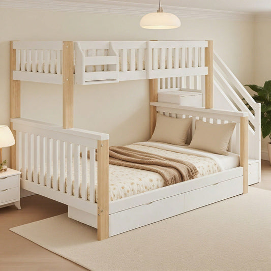 Kinder-Etagenbett, Doppelbett, multifunktionales Kinderbett mit Ablagekorb, mit Schublade, mit Treppenschrank, mit Ablageschrank, ohne Matratze, weiß + naturfarben