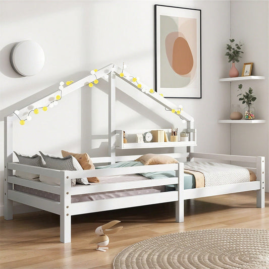 Hausbett Kinderbett mit Ablageregal Kaminform 90x200 Weiß