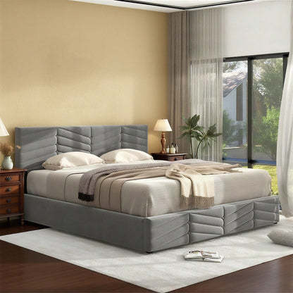 Polsterbett 140*200 mit Lattenrost und Kopfteil, Polsterbett mit höhenverstellbares Kopfteil, für Erwachsene & Jugendliche, Holzlattenunterstützung, Einfache Montage, Holländischer Samt, beige
