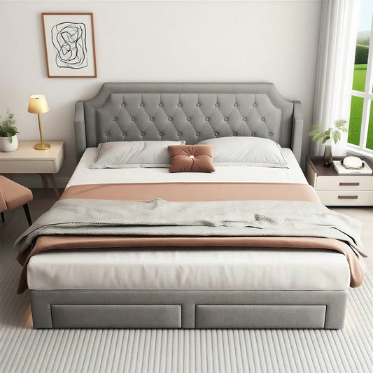 Polsterbett 180*200 mit Lattenrost und Kopfteil, mit 2 Schubladen, LED-Bett, Jugendbett, für Erwachsene & Jugendliche, Holzlattenunterstützung, Einfache Montage, Leinen, grau