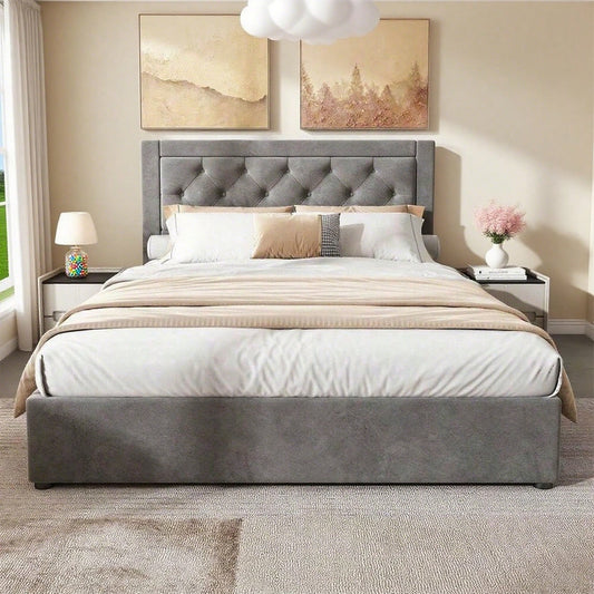 Polsterbett,Stauraumbett mit linker und rechter abhebbarer Bettkasten,Chesterfield-Stil,Schaumstoffgefülltes Kopfteil,Doppelbett aus Stahlrahmen,Samt,140*200cm,grau