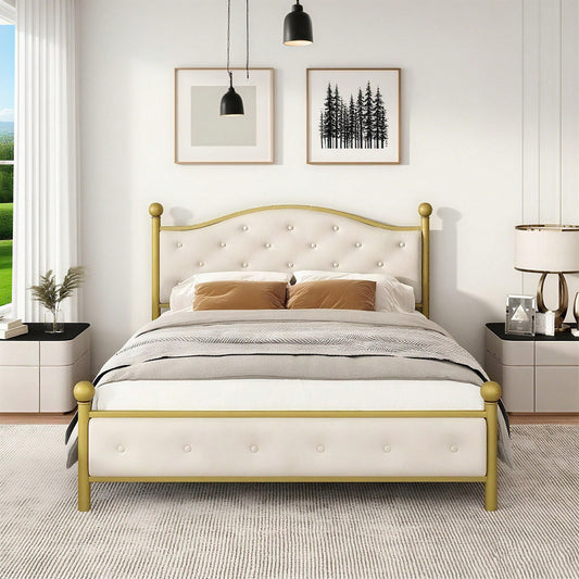 Modern Metallbett, Bettgestelle mit Lattenrost, Doppelbett, Bettrahmen mit Kopfteil, Gästebett, Jugendbett für Schlafzimmer, Gästezimmer, 140x200 cm, golden