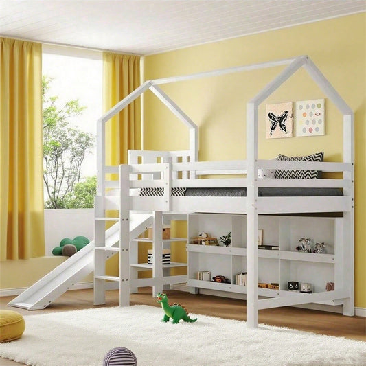 Kinderbett, Einzelbett, 90*200 cm, Multifunktionales Kinderbett ,Mit Rutsche & Treppen & Schließfach & Regal ,Ohne Matratze, Massivholz+MDF, Weiß