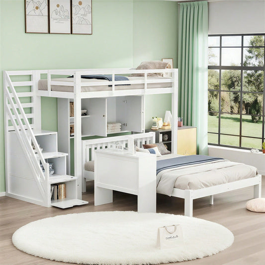 Etagenbett mit Lagerregal, 90*200cm+140*200cm,Multifunktionales Kinderbett, Kinderetagenbett, Mit Aufbewahrungstreppe und Beweglicher Beistelltisch, Großer Stauraum,Weiß