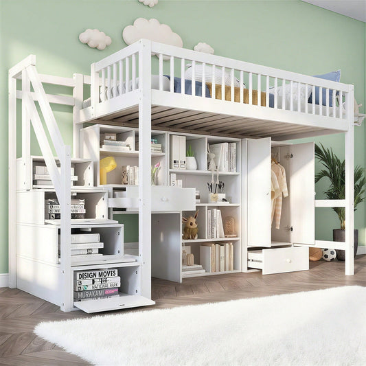 Kinderbett, Einzelbett, multifunktionales Kinderbett ,Mit Schreibtisch&Treppe&Schließfächern&Kleiderschrank,ohne Matratze,massivholz+MDF, weiß, 90*200