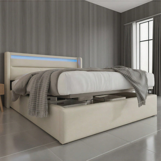 Hydraulisch Stauraumbett mit LED-Beleuchtungsleiste, Doppelbett Bettgestell Polsterbett 140x200cm, Funktionsbett, Weiß