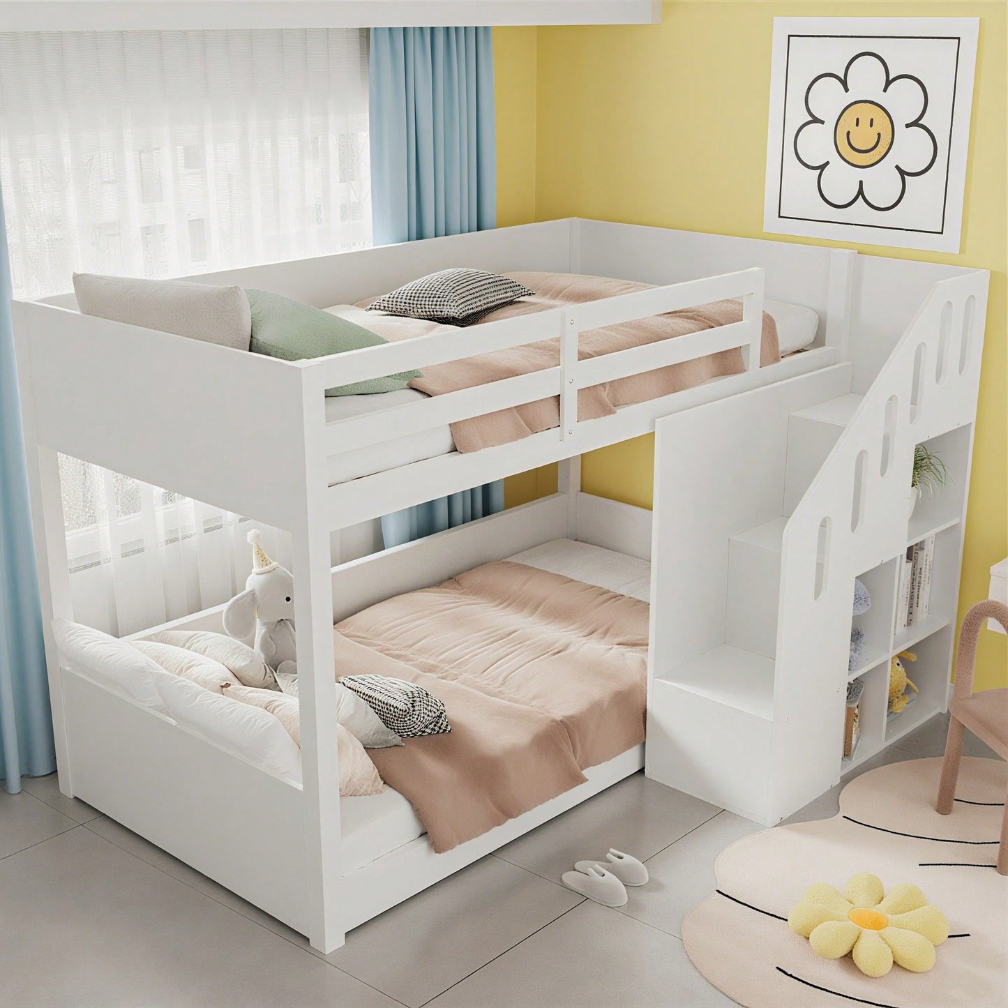 Kinder-Etagenbett,Doppelbett, multifunktionales Kinderbett, Mit Treppen und Schließfächern,stabiles Geländer, ohne Matratze, 90*200cm, Weiß