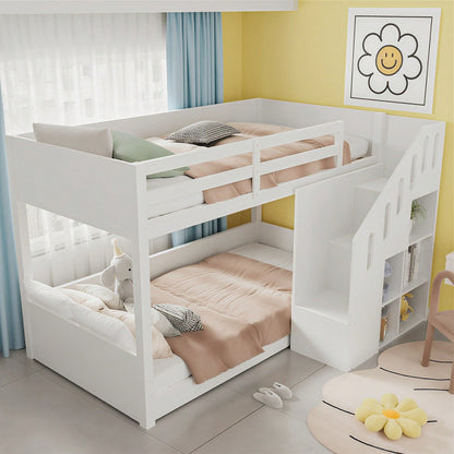 Kinder-Etagenbett,Doppelbett, multifunktionales Kinderbett, Mit Treppen und Schließfächern,stabiles Geländer, ohne Matratze, 90*200cm, Weiß