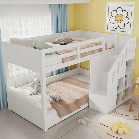 Kinder-Etagenbett,Doppelbett, multifunktionales Kinderbett, Mit Treppen und Schließfächern,stabiles Geländer, ohne Matratze, 90*200cm, Weiß