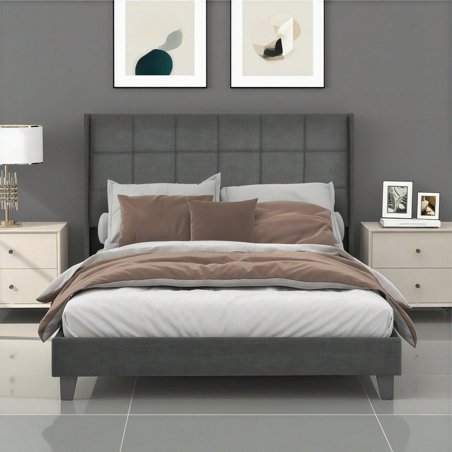 Polsterbett Mit seinem gepolstertes Kopfteil Doppelbett mit Lattenrost, 140x200cm ,in Blau Leinen, mittelfest