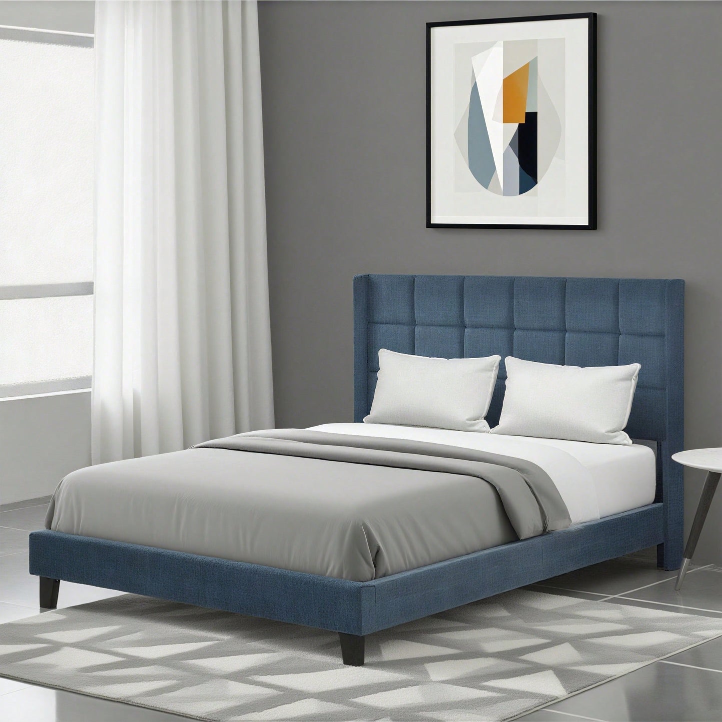 Polsterbett Mit seinem gepolstertes Kopfteil Doppelbett mit Lattenrost, 140x200cm ,in Blau Leinen, mittelfest