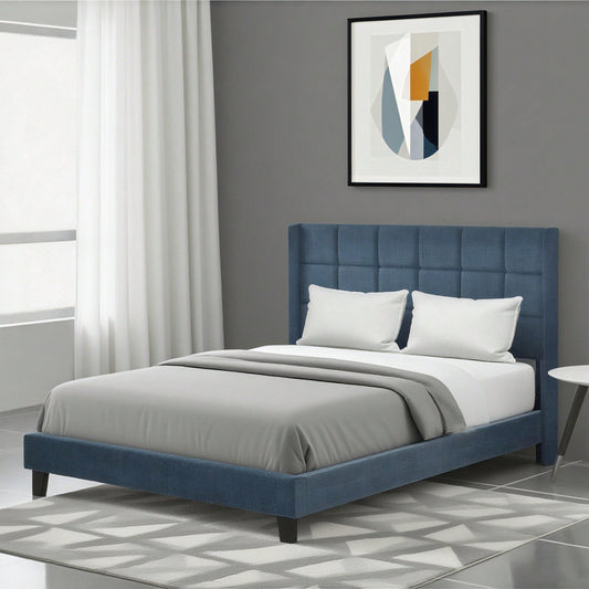 Polsterbett Mit seinem gepolstertes Kopfteil Doppelbett mit Lattenrost, 140x200cm ,in Blau Leinen, mittelfest