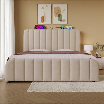 Polsterbett Doppeltes, gepolstertes Kopfteil mit goldenen Zierstreifen und ,USB Typ-C Ladefunktion 180*200 cm, Beige Leinen-Material Hydraulisches Lagerbett,Belastbarkeit 226 kg (Ohne Matratze)