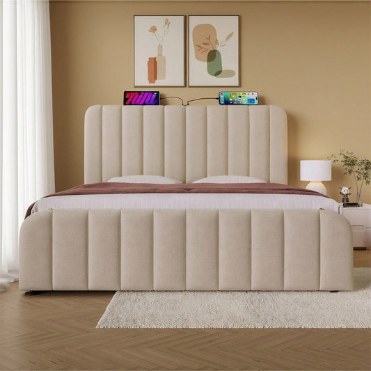 Polsterbett Doppeltes, gepolstertes Kopfteil mit goldenen Zierstreifen und ,USB Typ-C Ladefunktion 180*200 cm, Beige Leinen-Material Hydraulisches Lagerbett,Belastbarkeit 226 kg (Ohne Matratze)