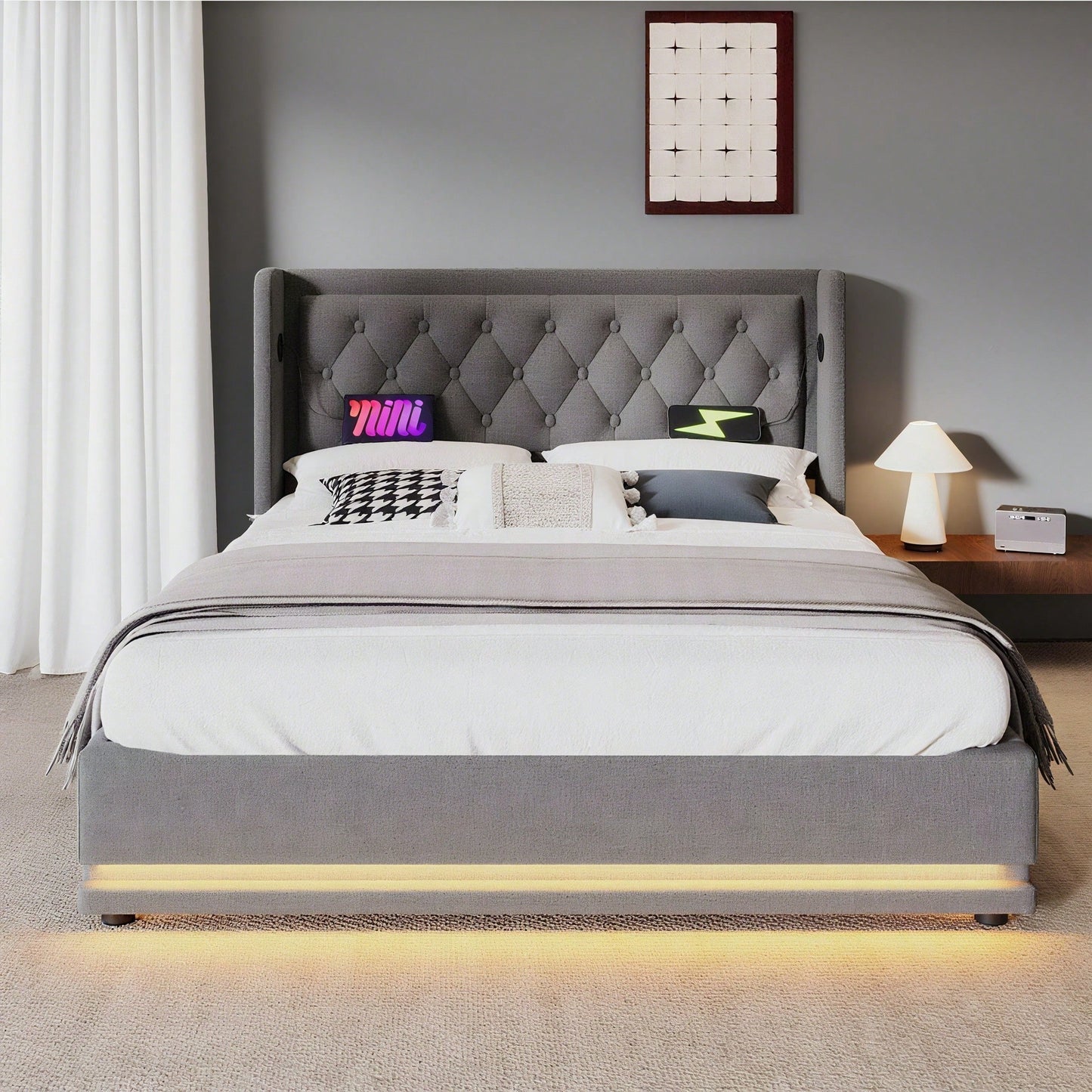 Polsterbett Doppelbett 140*200 cm,Beige Baumwolle-Material Hydraulisches Stauraumbett, gepolstertes Kopfteil mit USB Typ-C Ladefunktion, 3-seitige LED-Funktion(Ohne Matratze)