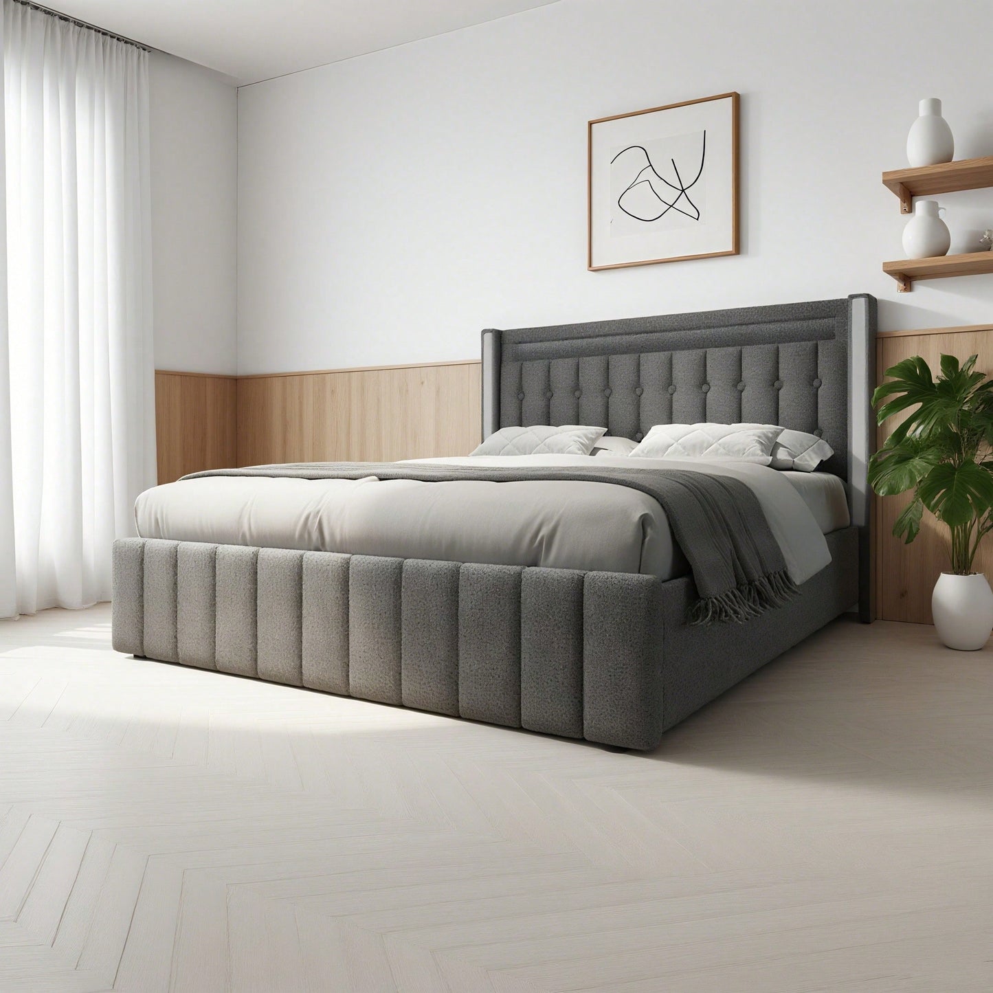 Polsterbett USB Typ C Ladefunktion LED-Beleuchtung und 4 Schubladen, Jugendbetten 160x200cm Doppelbett Stauraumbetten Bettgestell, Lattenrost aus Holz, Grau