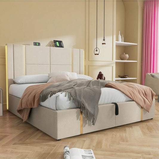 Polsterbett Doppelbett USB Type C Ladefunktion APP-Control LED 160*200 Stauraumbetten Bettgestell, Lattenrost aus Holz,Beige Leinenmaterial