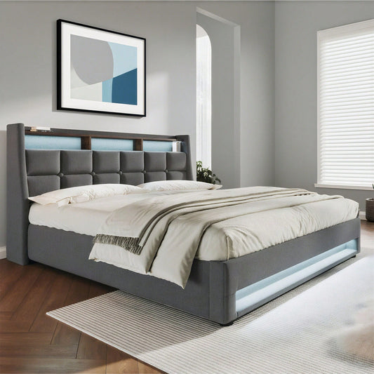 Polsterbett mit USB 160x200cm,LED Doppelbett mit Lattenrost aus Metallrahmen,Bettgestell aus Leinenmaterial Jugendbett
