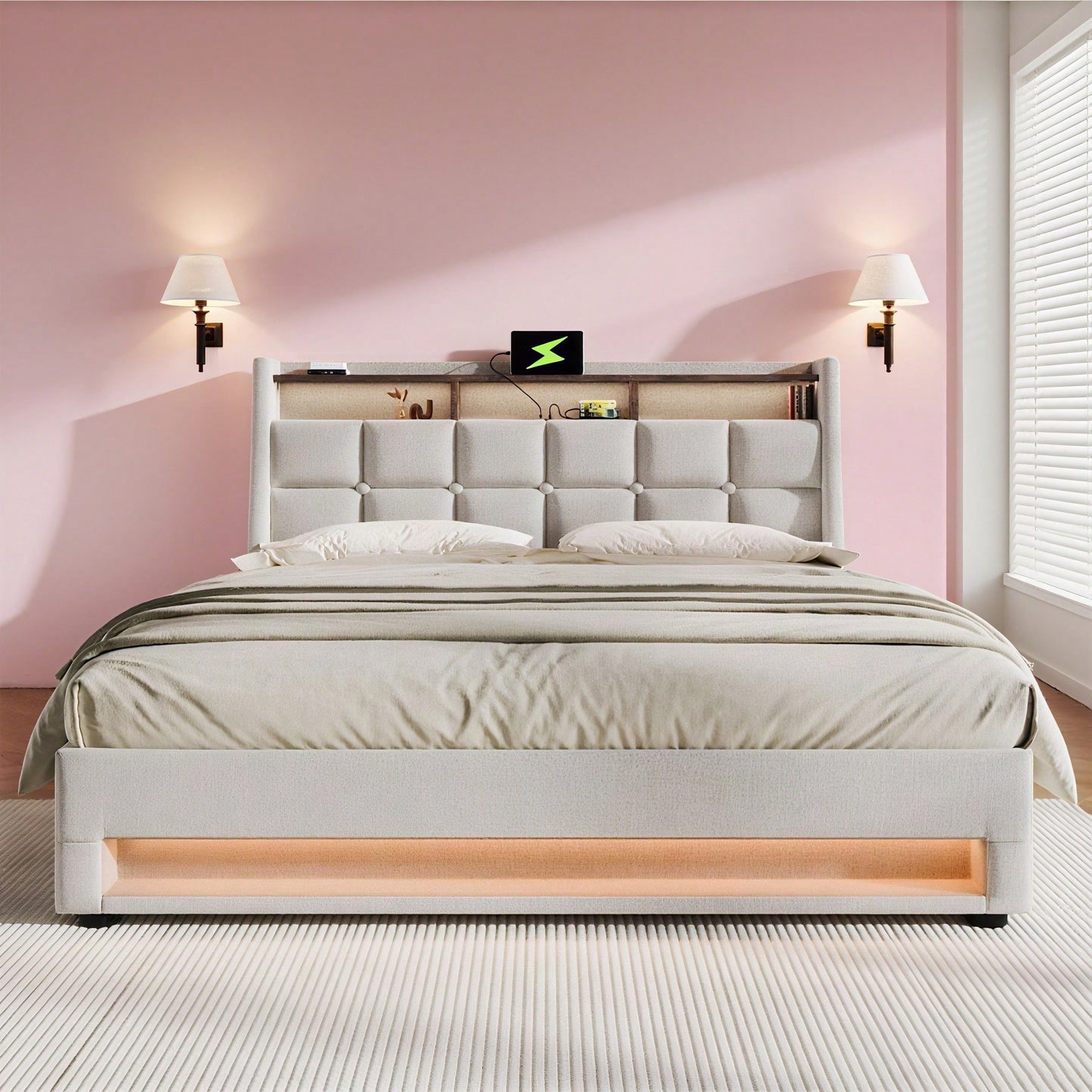 Polsterbett mit USB 160x200cm,LED Doppelbett mit Lattenrost aus Metallrahmen,Bettgestell aus Leinenmaterial Jugendbett