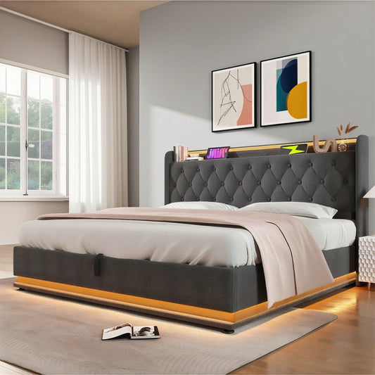 Polsterbett Doppelbett, 360-Surround-LED-Funktion, Drucktaste/App/Fernbedienung,180*200 cm,Grau Leinen-Material Hydraulisches Lagerbett, gepolstertes Kopfteil mit USB Typ-C Ladefunktion(Ohne Matratze)