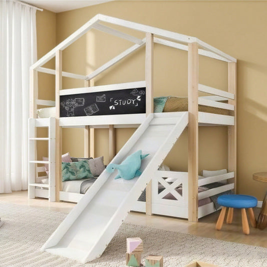 Kinderbett Baumhaus mit Rutsche & Leiter 90 x 200 cm, Hochbett für Kinder– 2x Lattenrost- Natur & Weiß