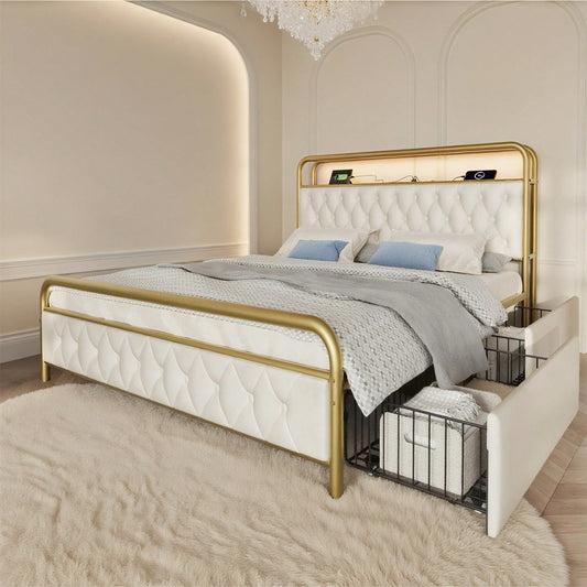 Polsterbett Doppelbett mit aufladen USB Type C Ladefunktion APP-Control LED Bettgestell Metallbett 140*200 Bettrahmen und 4 Schubladen, Samt