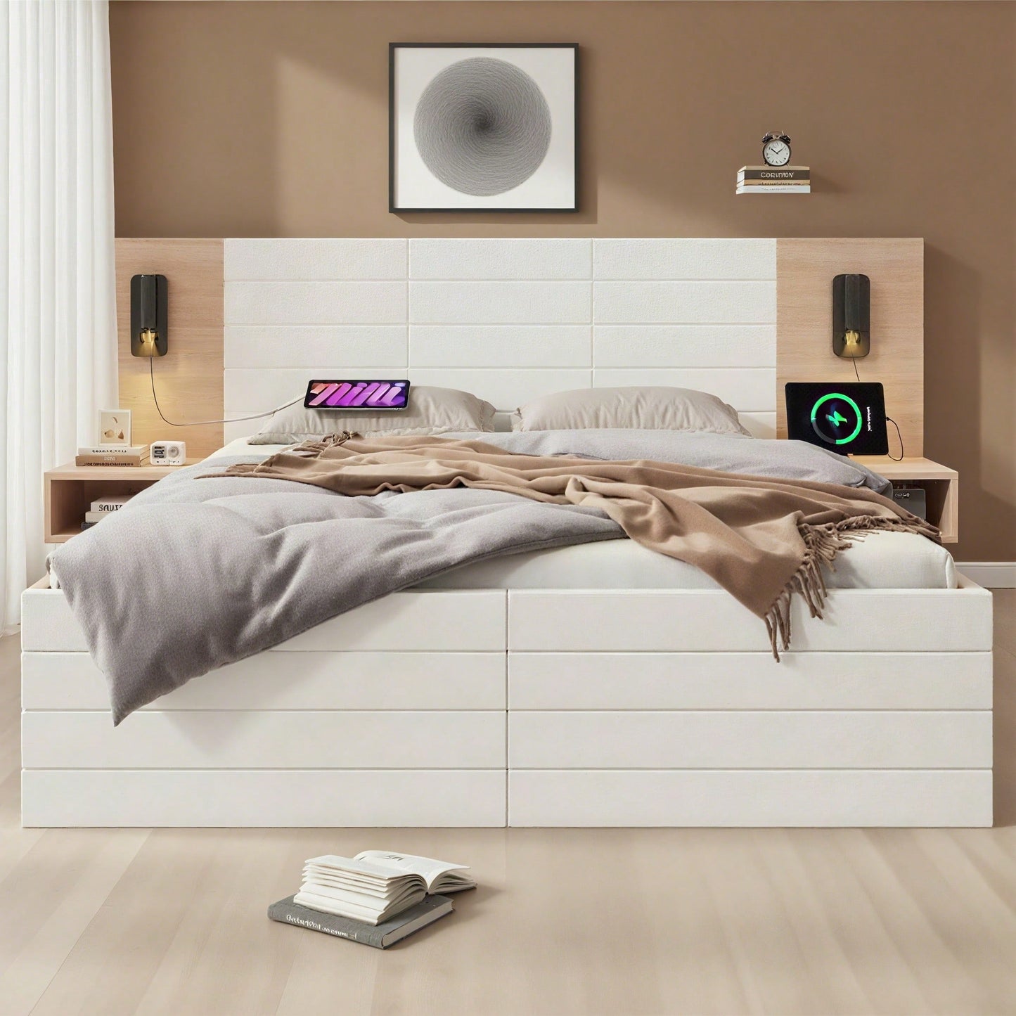 Doppelbett Holzbett Bettanlage140*200cm mit 2 Schubladen,Kopfteil Leselicht mit USB Ladefunktion,Modernes Bett inkl.2 Nachtkommode,Bettgestell &Lattenrost215*80*207cm Set in Eiche/Weiß