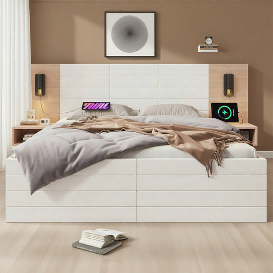 Doppelbett Holzbett Bettanlage140*200cm mit 2 Schubladen,Kopfteil Leselicht mit USB Ladefunktion,Modernes Bett inkl.2 Nachtkommode,Bettgestell &Lattenrost215*80*207cm Set in Eiche/Weiß