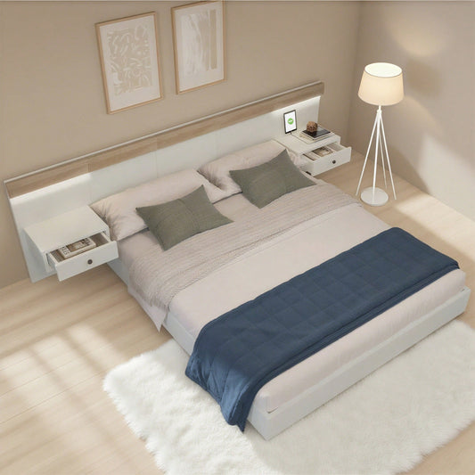 Doppelbett Bettanlage mit 2 LED Nachtkommoden& USB C Steckdose 180 x 200 cm Holzbett inkl. 2 Nachttischen Schlafzimmer Komplett--205x284x90.5 cm(T/B/H) Set in Eiche Sonoma/Weiß