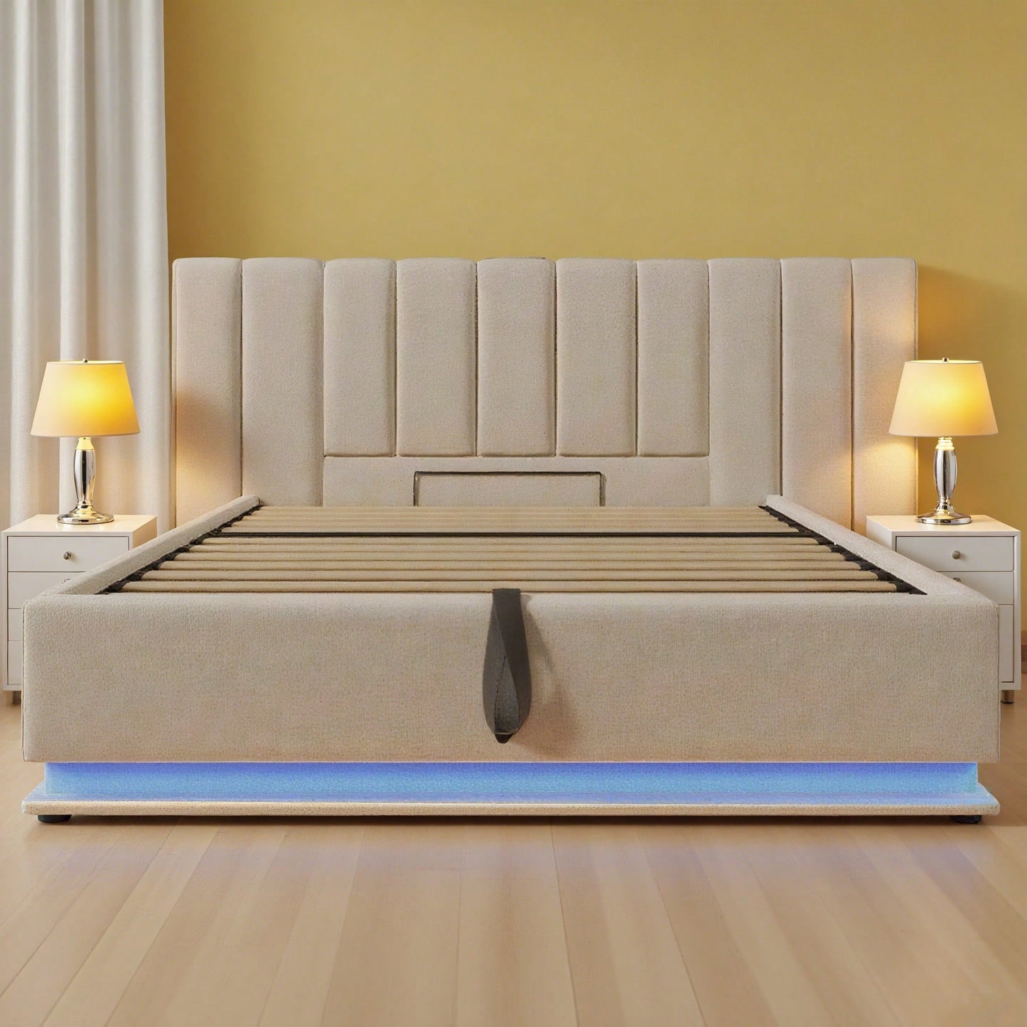 Polsterbett 180*200, Doppelbett Stauraumbett mit LED und USB-C Ladefunktion, Bettgestell mit Lattenrost, Leinen, Beige, Ohne Matratze und Nachttisch